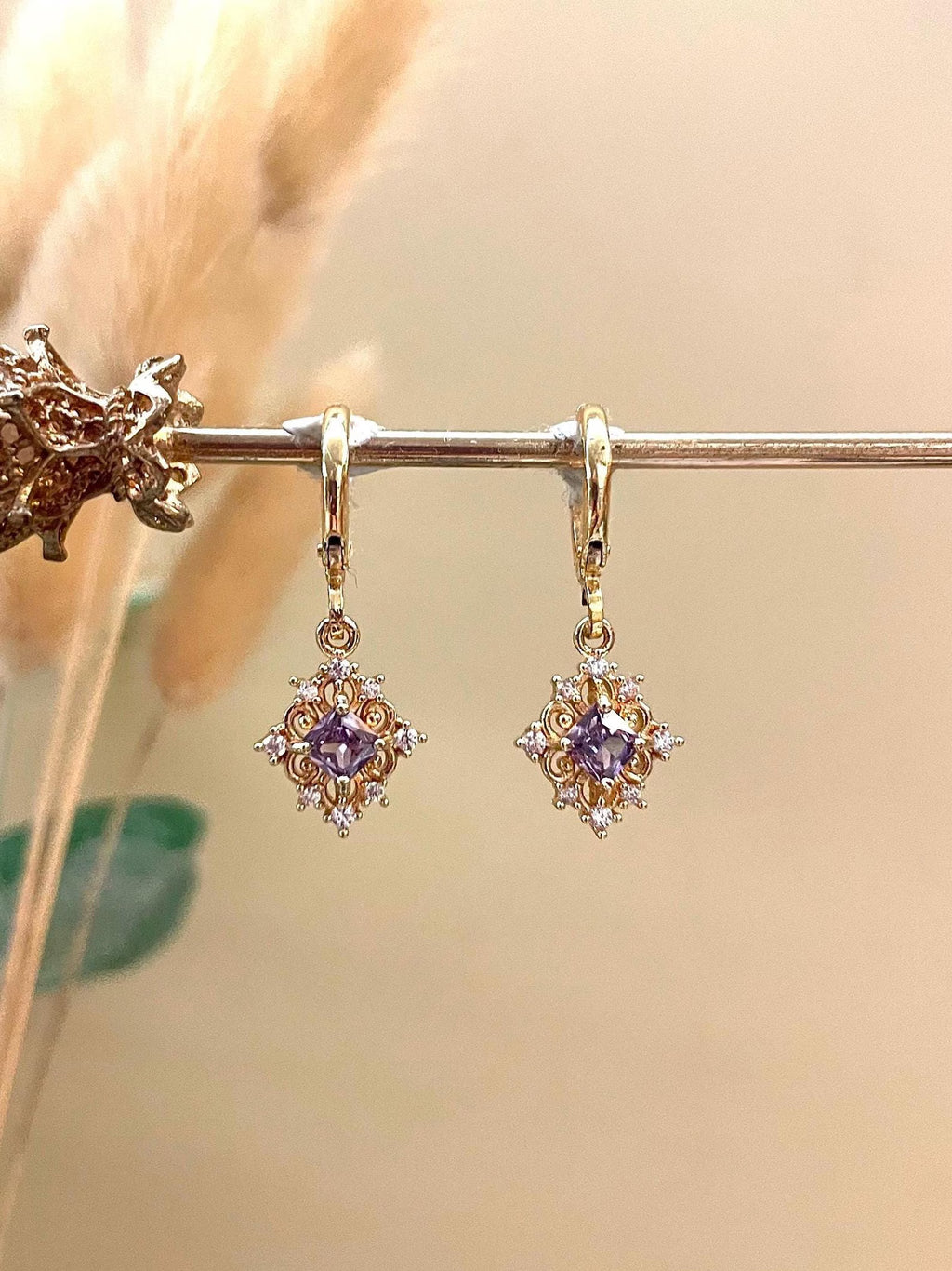 Vintage Gold Lavender Purple Diamond Charm Huggie Hoop Earrings