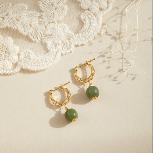 Dainty Green Jade Hoop Earrings